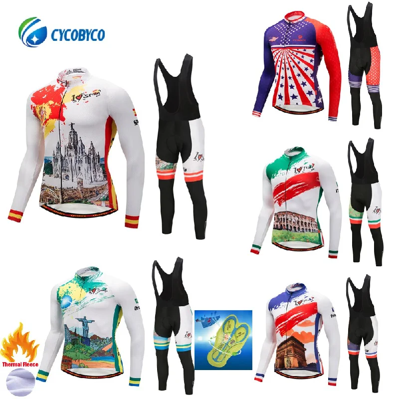 Cycobyco Thermal Fleece Cycling Jersey Set Winter Bike Maillot Ropa Ciclismo Long Sleeve Clothing USA,Italy,France,Brazil,Spain