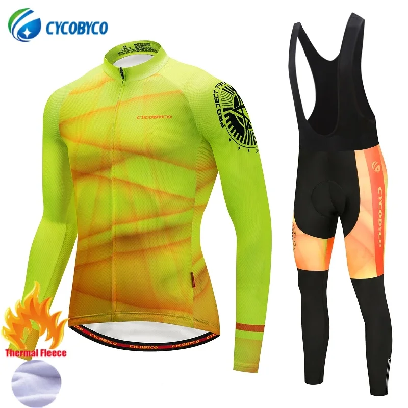 Cycobyco Winter Thermal Fleece Fluorescent Cycling Jersey Set Bike Maillot Ropa Ciclismo Long Sleeve Clothing