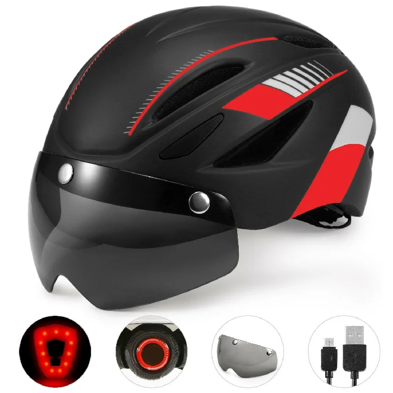 Bike Helmet Motorcycling Helmet with Rechargeable Waterproof Back Light Detachable Magnetic Visor UV Protective for Men Women