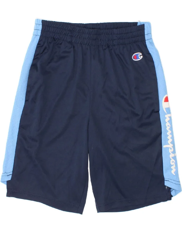 CHAMPION Boys Graphic Sport Shorts 9-10 Years Medium Navy Blue Colourblock