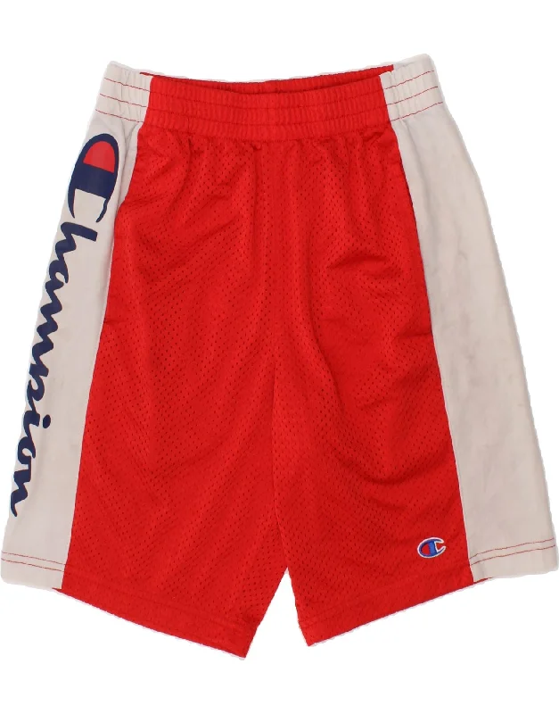 CHAMPION Boys Graphic Sport Shorts 9-10 Years Medium Red Colourblock