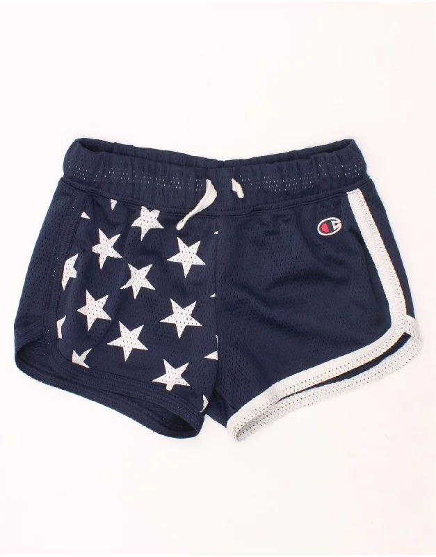 CHAMPION Girls Graphic Sport Shorts 7-8 Years Small  Navy Blue Spotted