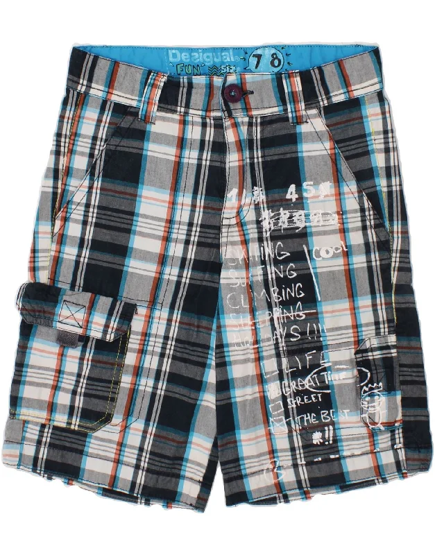 DESIGUAL Boys Graphic Cargo Shorts 7-8 Years W24 Navy Blue Check Polyester