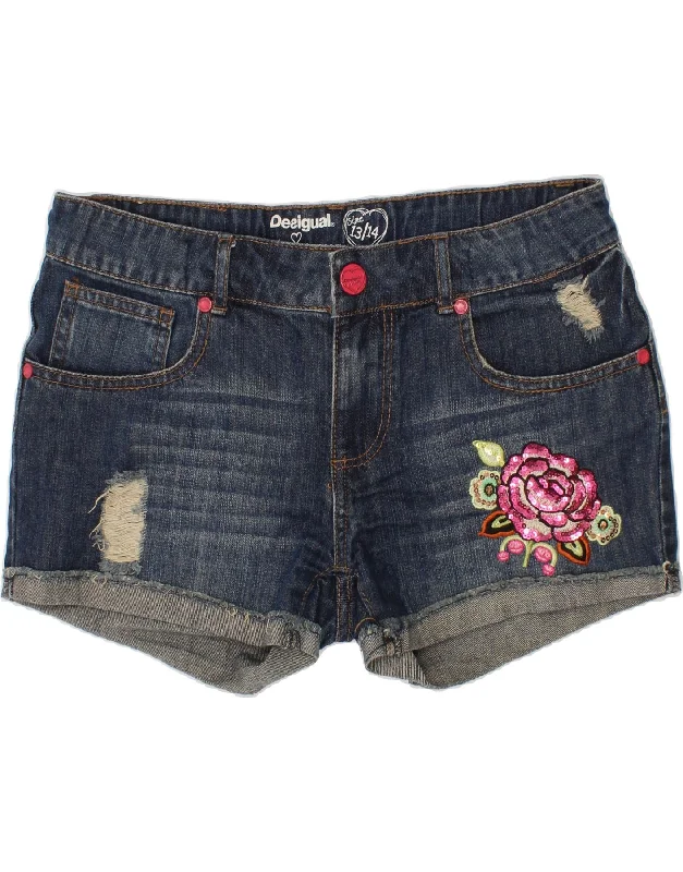 DESIGUAL Girls Distressed Denim Shorts 13-14 Years W28  Navy Blue