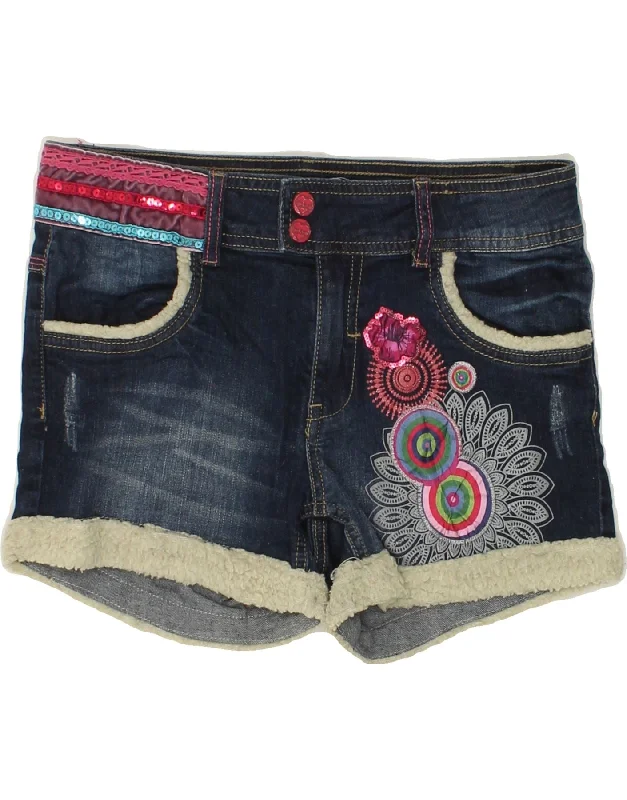 DESIGUAL Girls Graphic Denim Shorts 11-12 Years W28 Navy Blue Polyester