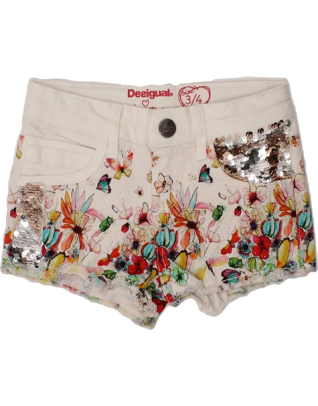 DESIGUAL Girls Graphic Denim Shorts 3-4 Years W20  White Floral Butterfly