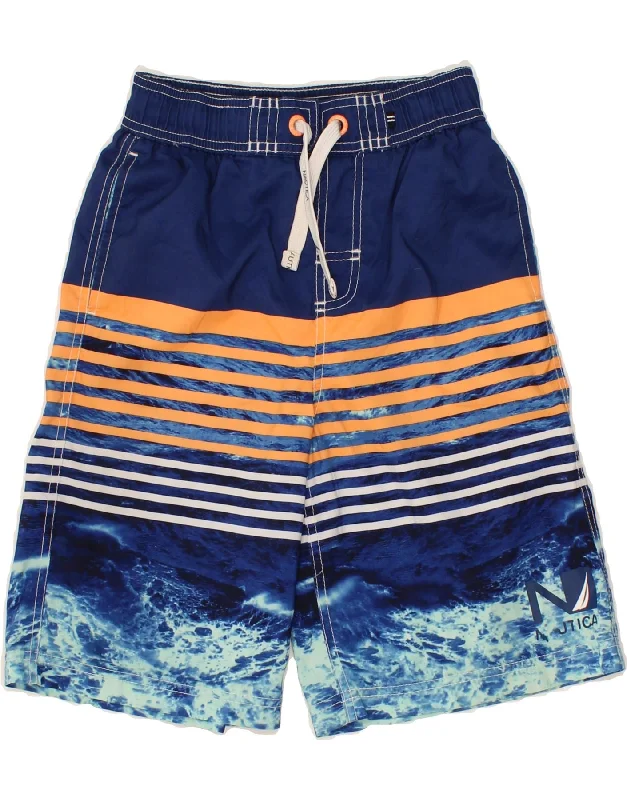 NAUTICA Boys Swimming Shorts 10-11 Years Medium Blue Striped Polyester